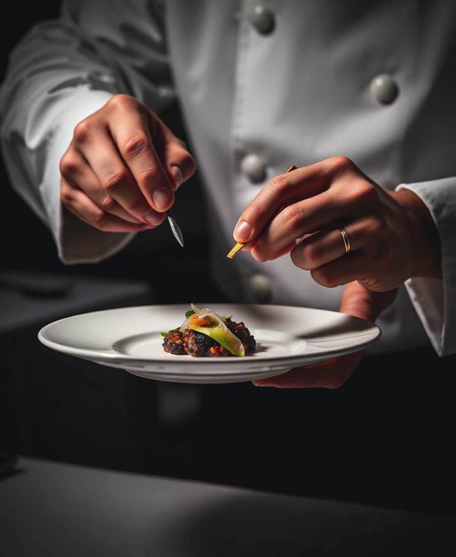 Chef finishing a plated dish